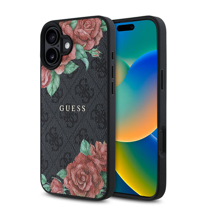 iPhone 16 Plus Kılıf Guess Orijinal Lisanslı M-safe Şarj Özellikli Gül Baskılı 4G Desenli Yazı Logolu Kılıf