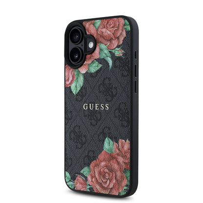 iPhone 16 Plus Kılıf Guess Orijinal Lisanslı M-safe Şarj Özellikli Gül Baskılı 4G Desenli Yazı Logolu Kılıf