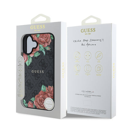 iPhone 16 Plus Kılıf Guess Orijinal Lisanslı M-safe Şarj Özellikli Gül Baskılı 4G Desenli Yazı Logolu Kılıf
