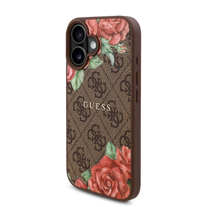 iPhone 16 Plus Kılıf Guess Orijinal Lisanslı M-safe Şarj Özellikli Gül Baskılı 4G Desenli Yazı Logolu Kılıf