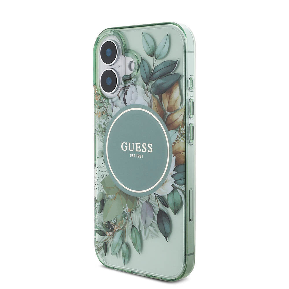 iPhone 16 Plus Kılıf Guess Orijinal Lisanslı M-safe Şarj Özellikli IML Baskılı Çiçek İnci Bileklikli Kılıf
