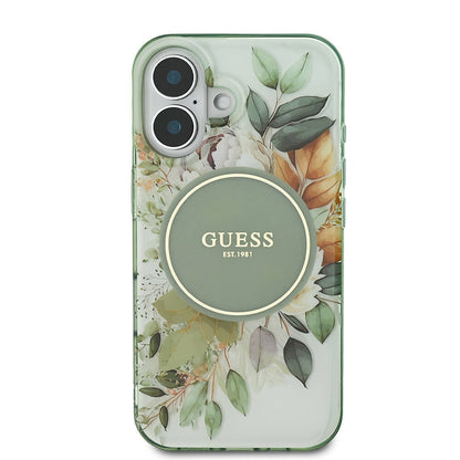 iPhone 16 Plus Kılıf Guess Orijinal Lisanslı M-safe Şarj Özellikli IML Baskılı Yazı Logolu Flower Tonal Circle Kılıf