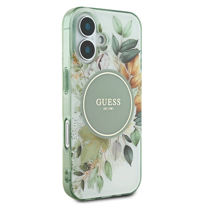 iPhone 16 Plus Kılıf Guess Orijinal Lisanslı M-safe Şarj Özellikli IML Baskılı Yazı Logolu Flower Tonal Circle Kılıf
