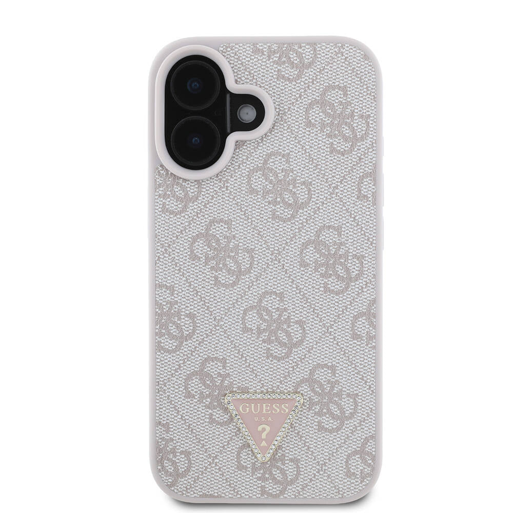 iPhone 16 Plus Kılıf Guess Orijinal Lisanslı M-safe Şarj Özellikli PU Deri 4G Desenli Taşlı Üçgen Logolu Kılıf
