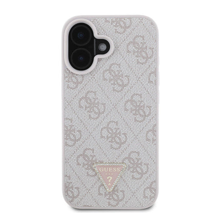 iPhone 16 Plus Kılıf Guess Orijinal Lisanslı M-safe Şarj Özellikli PU Deri 4G Desenli Taşlı Üçgen Logolu Kılıf