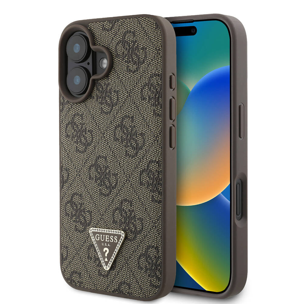 iPhone 16 Plus Kılıf Guess Orijinal Lisanslı M-safe Şarj Özellikli PU Deri 4G Desenli Taşlı Üçgen Logolu Kılıf