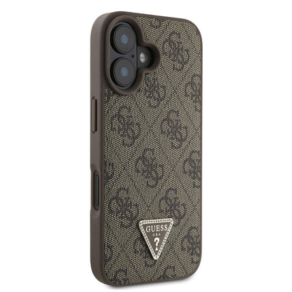iPhone 16 Plus Kılıf Guess Orijinal Lisanslı M-safe Şarj Özellikli PU Deri 4G Desenli Taşlı Üçgen Logolu Kılıf