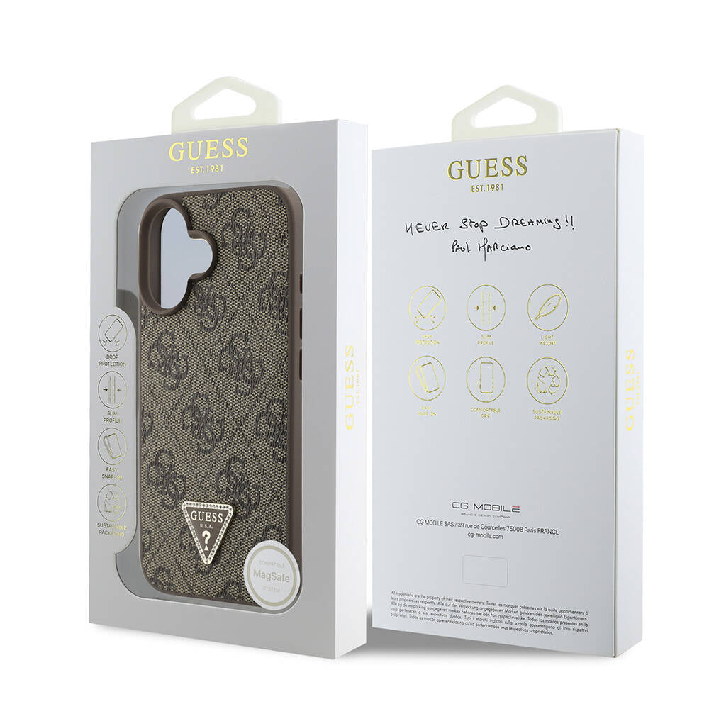 iPhone 16 Plus Kılıf Guess Orijinal Lisanslı M-safe Şarj Özellikli PU Deri 4G Desenli Taşlı Üçgen Logolu Kılıf