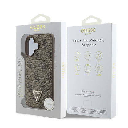iPhone 16 Plus Kılıf Guess Orijinal Lisanslı M-safe Şarj Özellikli PU Deri 4G Desenli Taşlı Üçgen Logolu Kılıf
