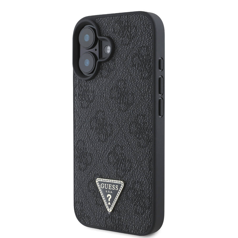 iPhone 16 Plus Kılıf Guess Orijinal Lisanslı M-safe Şarj Özellikli PU Deri 4G Desenli Taşlı Üçgen Logolu Kılıf