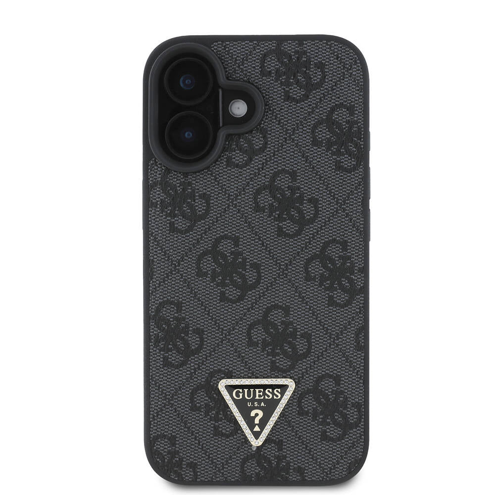 iPhone 16 Plus Kılıf Guess Orijinal Lisanslı M-safe Şarj Özellikli PU Deri 4G Desenli Taşlı Üçgen Logolu Kılıf