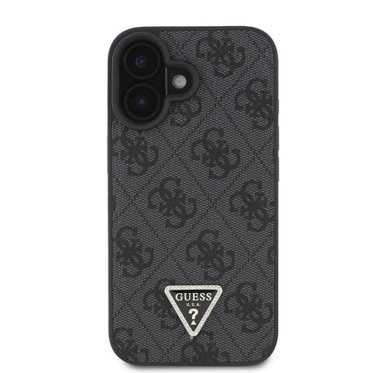 iPhone 16 Plus Kılıf Guess Orijinal Lisanslı M-safe Şarj Özellikli PU Deri 4G Desenli Taşlı Üçgen Logolu Kılıf