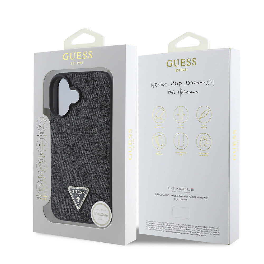 iPhone 16 Plus Kılıf Guess Orijinal Lisanslı M-safe Şarj Özellikli PU Deri 4G Desenli Taşlı Üçgen Logolu Kılıf