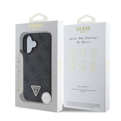 iPhone 16 Plus Kılıf Guess Orijinal Lisanslı M-safe Şarj Özellikli PU Deri 4G Desenli Taşlı Üçgen Logolu Kılıf
