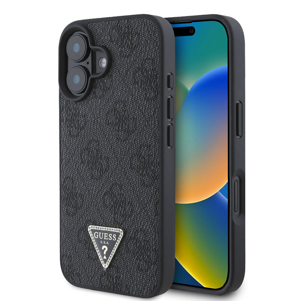 iPhone 16 Plus Kılıf Guess Orijinal Lisanslı M-safe Şarj Özellikli PU Deri 4G Desenli Taşlı Üçgen Logolu Kılıf