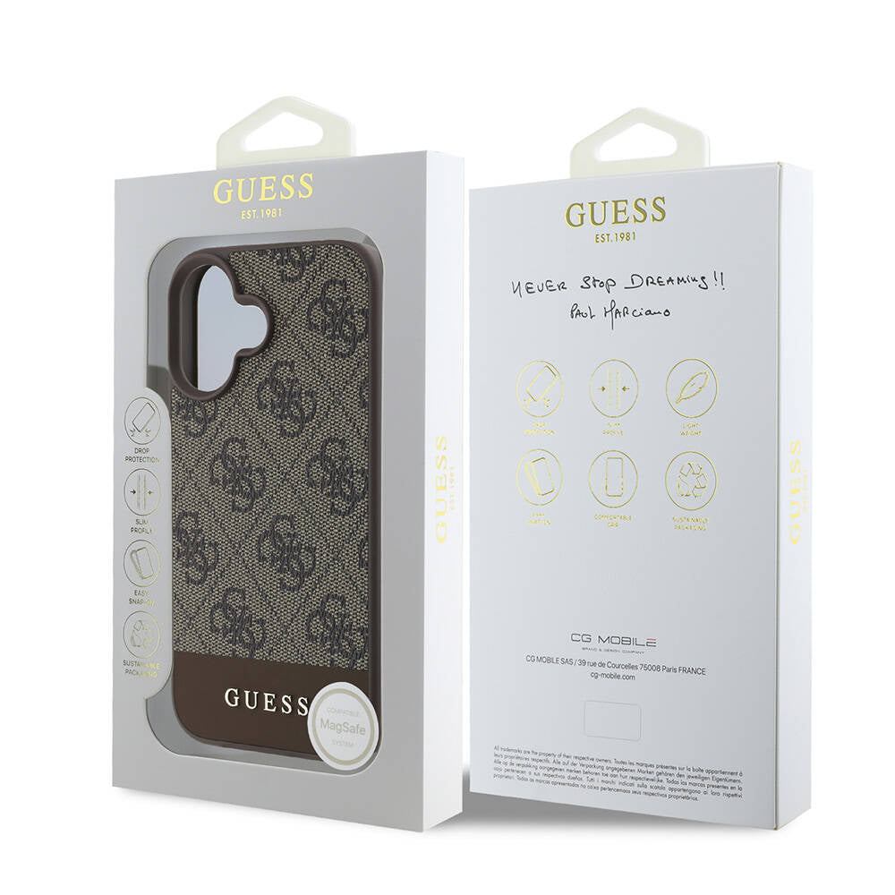 iPhone 16 Plus Kılıf Guess Orijinal Lisanslı M-safe Şarj Özellikli PU Deri Şerit Logo Dizaynlı Kılıf