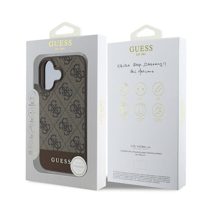 iPhone 16 Plus Kılıf Guess Orijinal Lisanslı M-safe Şarj Özellikli PU Deri Şerit Logo Dizaynlı Kılıf