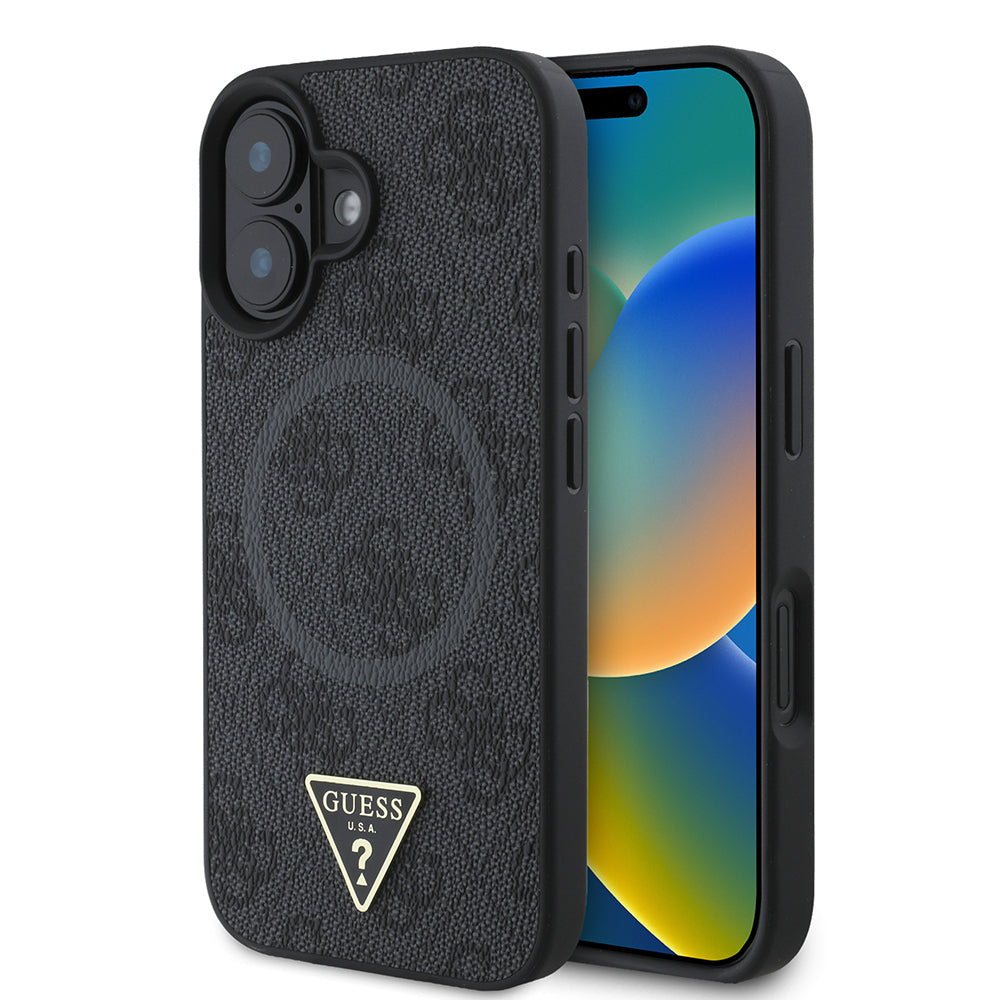 iPhone 16 Plus Kılıf Guess Orijinal Lisanslı M-safe Şarj Özellikli PU Üçgen Logo 4G Desenli Kılıf