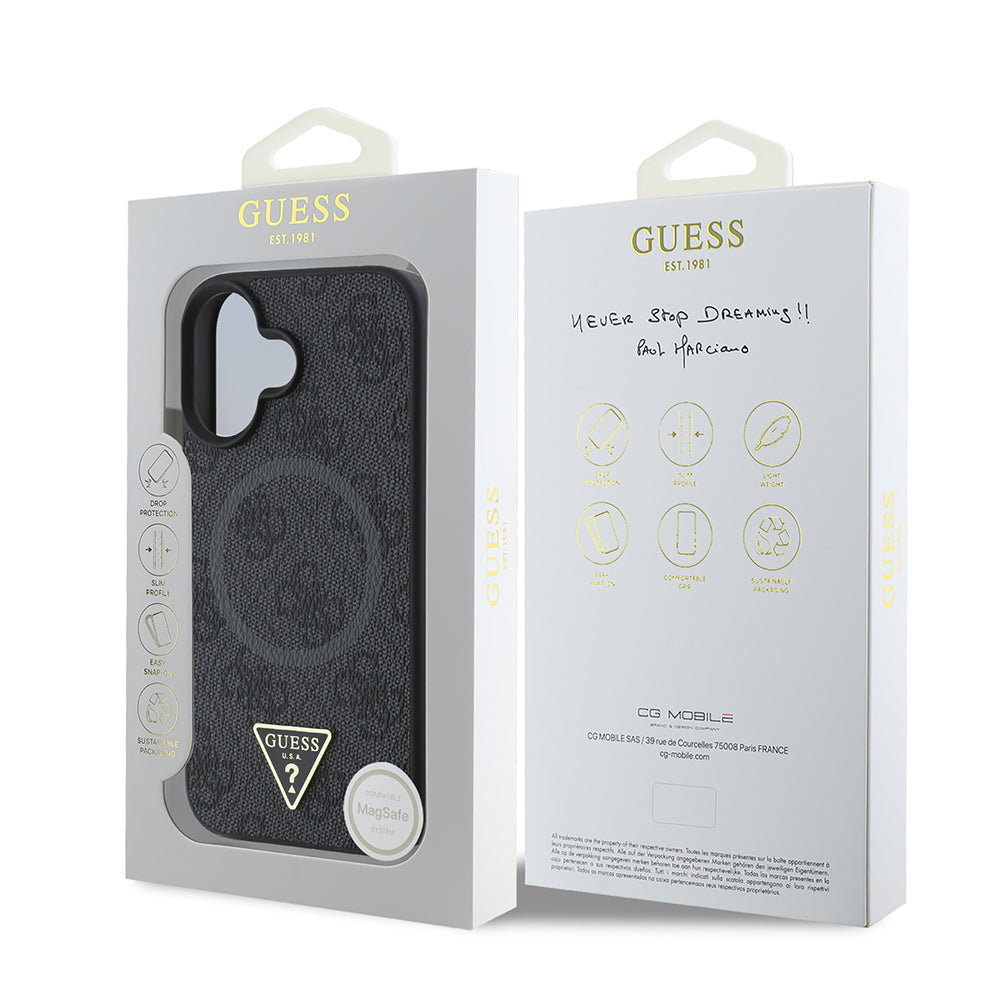 iPhone 16 Plus Kılıf Guess Orijinal Lisanslı M-safe Şarj Özellikli PU Üçgen Logo 4G Desenli Kılıf