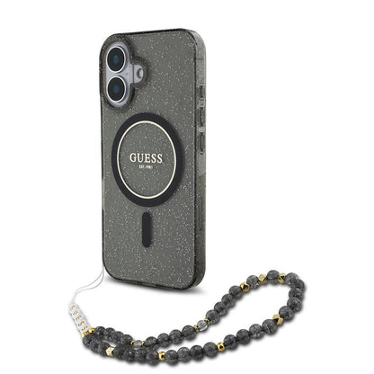 iPhone 16 Plus Kılıf Guess Orijinal Lisanslı M-safe Şarj Özellikli Simli Silikon İnci Bileklikli Kılıf