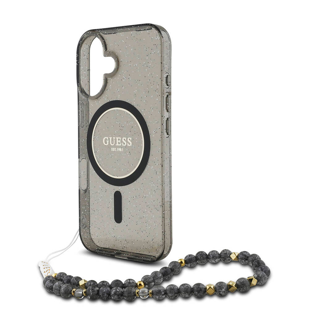 iPhone 16 Plus Kılıf Guess Orijinal Lisanslı M-safe Şarj Özellikli Simli Silikon İnci Bileklikli Kılıf