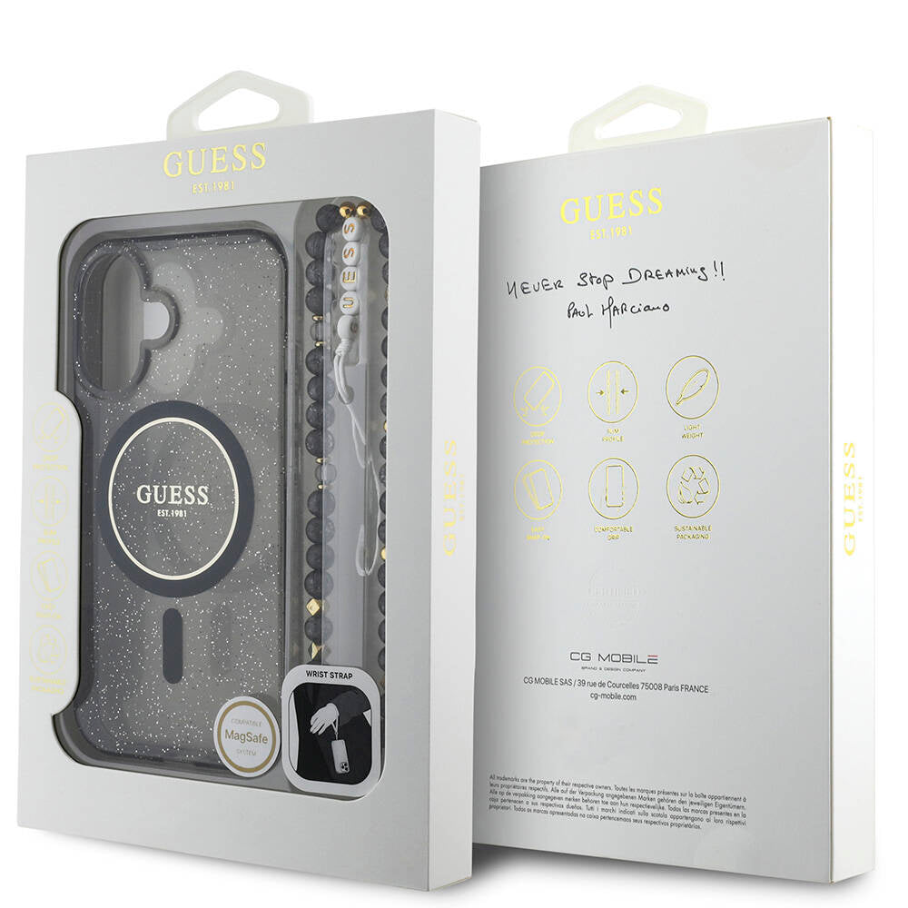 iPhone 16 Plus Kılıf Guess Orijinal Lisanslı M-safe Şarj Özellikli Simli Silikon İnci Bileklikli Kılıf