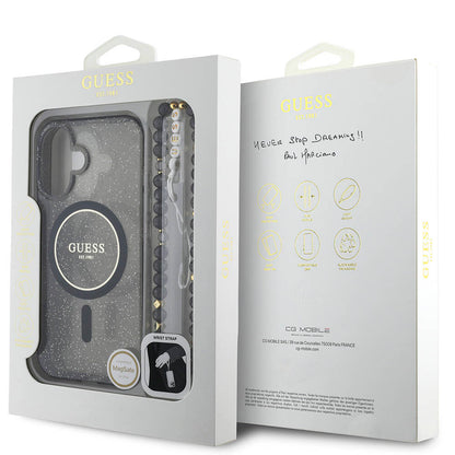 iPhone 16 Plus Kılıf Guess Orijinal Lisanslı M-safe Şarj Özellikli Simli Silikon İnci Bileklikli Kılıf