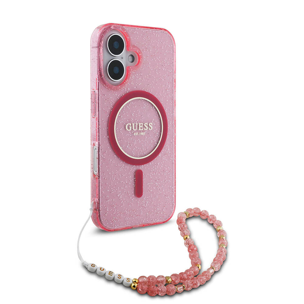 iPhone 16 Plus Kılıf Guess Orijinal Lisanslı M-safe Şarj Özellikli Simli Silikon İnci Bileklikli Kılıf