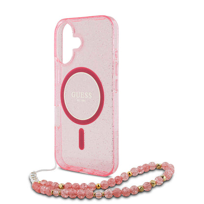 iPhone 16 Plus Kılıf Guess Orijinal Lisanslı M-safe Şarj Özellikli Simli Silikon İnci Bileklikli Kılıf