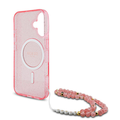 iPhone 16 Plus Kılıf Guess Orijinal Lisanslı M-safe Şarj Özellikli Simli Silikon İnci Bileklikli Kılıf