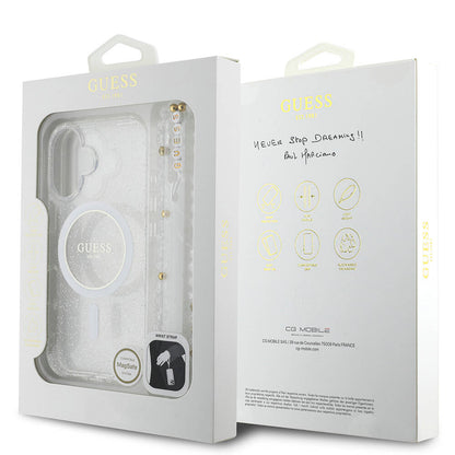 iPhone 16 Plus Kılıf Guess Orijinal Lisanslı M-safe Şarj Özellikli Simli Silikon İnci Bileklikli Kılıf