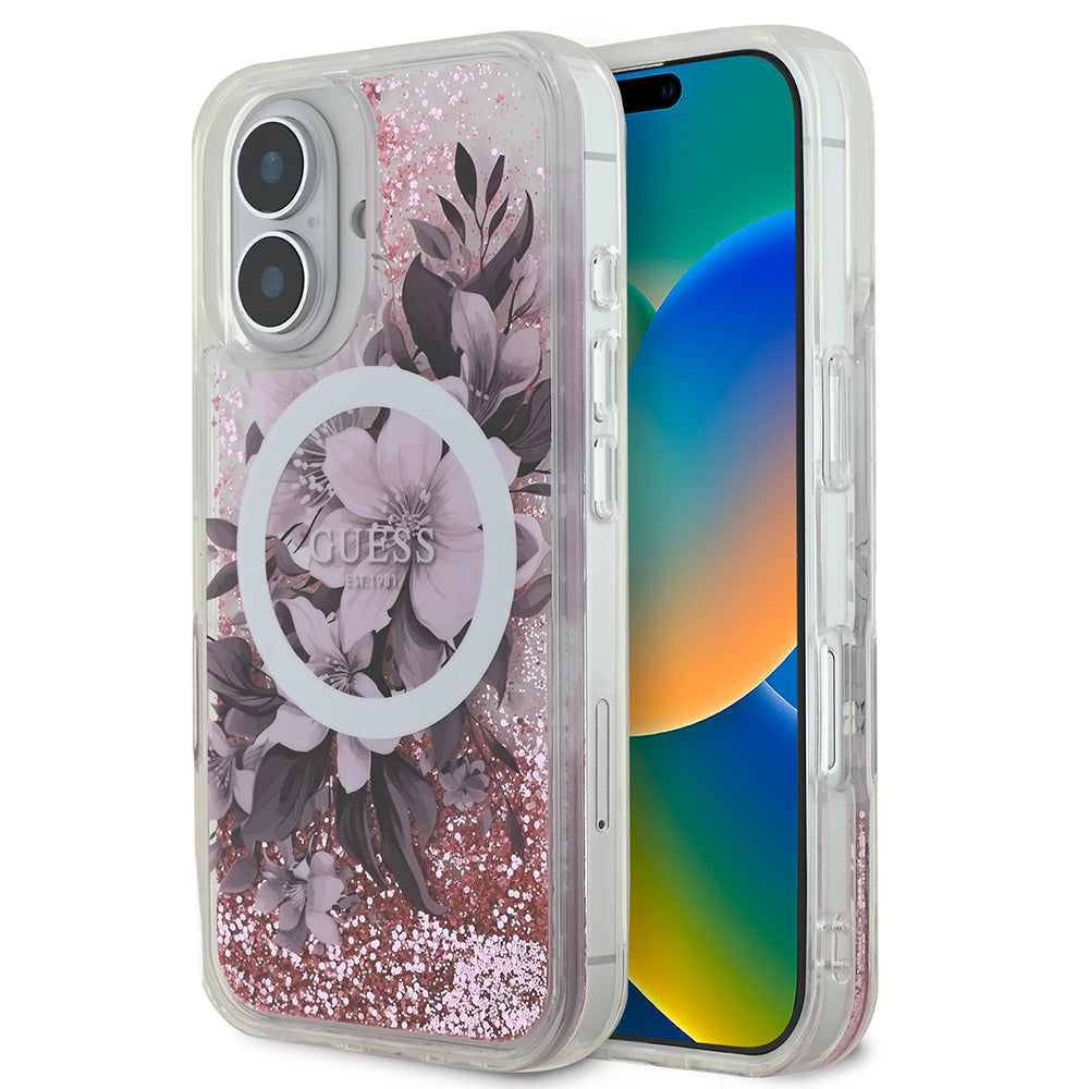 iPhone 16 Plus Kılıf Guess Orijinal Lisanslı M-safe Şarj Özellikli Sıvılı Simli Çiçek Desenli Kılıf