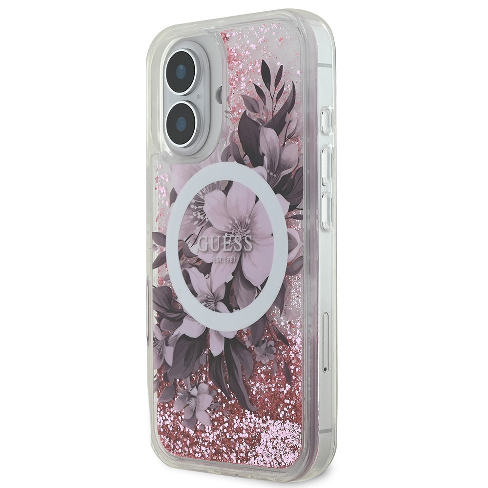 iPhone 16 Plus Kılıf Guess Orijinal Lisanslı M-safe Şarj Özellikli Sıvılı Simli Çiçek Desenli Kılıf