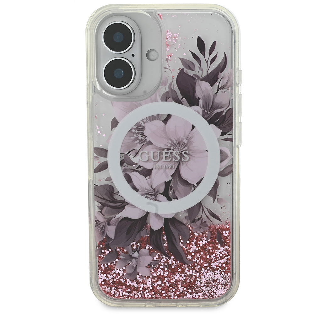 iPhone 16 Plus Kılıf Guess Orijinal Lisanslı M-safe Şarj Özellikli Sıvılı Simli Çiçek Desenli Kılıf