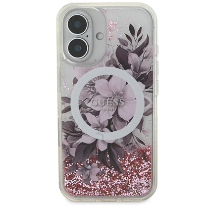 iPhone 16 Plus Kılıf Guess Orijinal Lisanslı M-safe Şarj Özellikli Sıvılı Simli Çiçek Desenli Kılıf