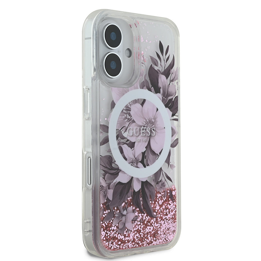 iPhone 16 Plus Kılıf Guess Orijinal Lisanslı M-safe Şarj Özellikli Sıvılı Simli Çiçek Desenli Kılıf