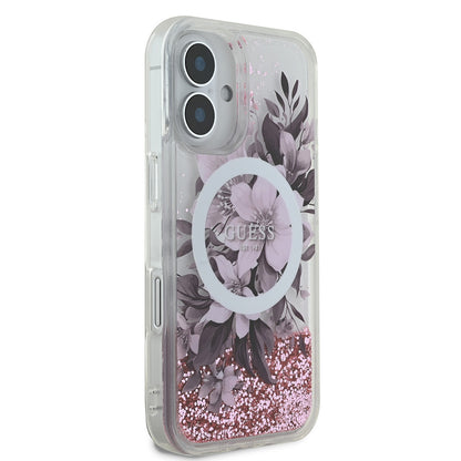 iPhone 16 Plus Kılıf Guess Orijinal Lisanslı M-safe Şarj Özellikli Sıvılı Simli Çiçek Desenli Kılıf