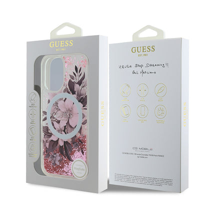 iPhone 16 Plus Kılıf Guess Orijinal Lisanslı M-safe Şarj Özellikli Sıvılı Simli Çiçek Desenli Kılıf