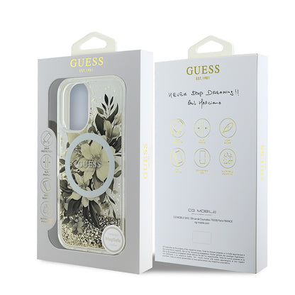 iPhone 16 Plus Kılıf Guess Orijinal Lisanslı M-safe Şarj Özellikli Sıvılı Simli Çiçek Desenli Kılıf