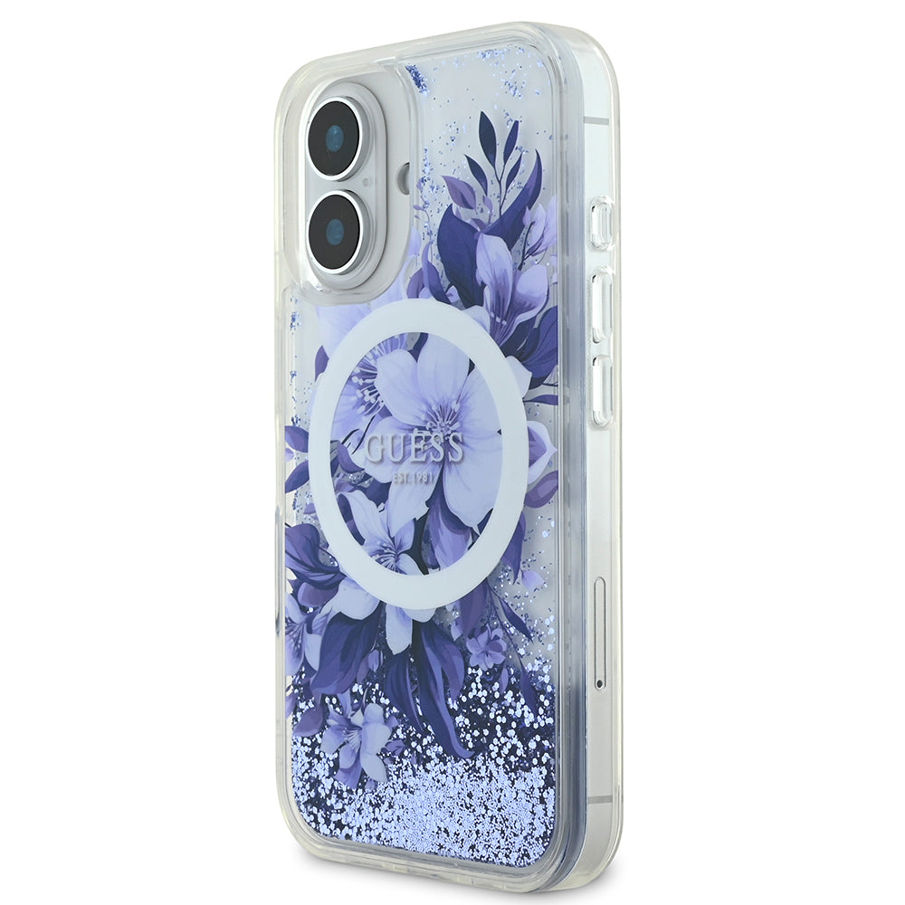 iPhone 16 Plus Kılıf Guess Orijinal Lisanslı M-safe Şarj Özellikli Sıvılı Simli Çiçek Desenli Kılıf