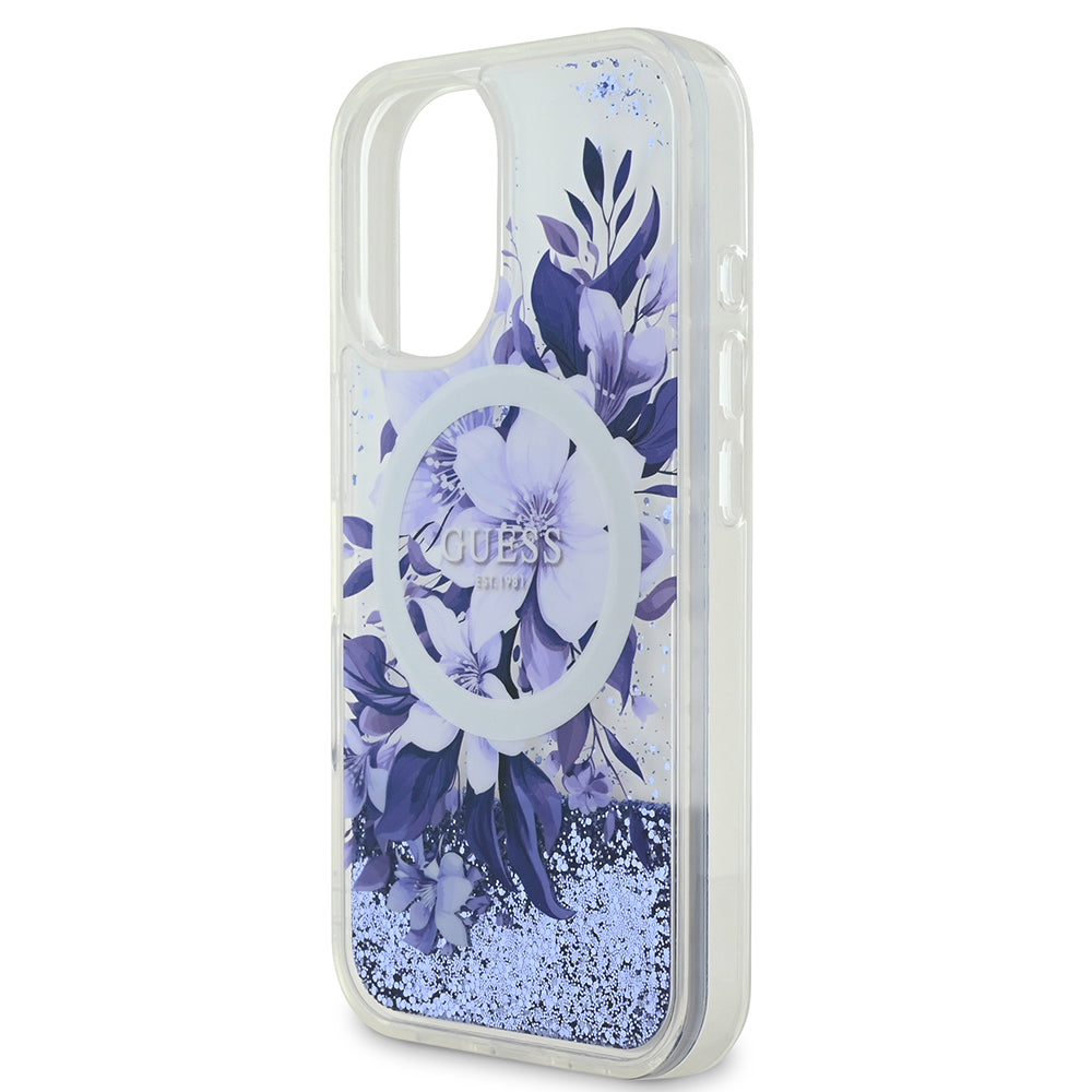 iPhone 16 Plus Kılıf Guess Orijinal Lisanslı M-safe Şarj Özellikli Sıvılı Simli Çiçek Desenli Kılıf