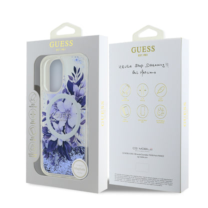 iPhone 16 Plus Kılıf Guess Orijinal Lisanslı M-safe Şarj Özellikli Sıvılı Simli Çiçek Desenli Kılıf