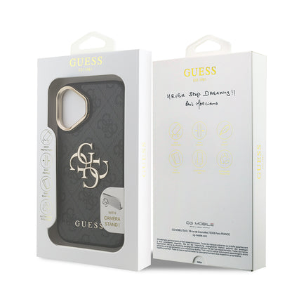 iPhone 16 Plus Kılıf Guess Orijinal Lisanslı PU Deri 4G Desenli Metal Büyük 4G ve Yazı Logolu Kamera Standlı Kılıf