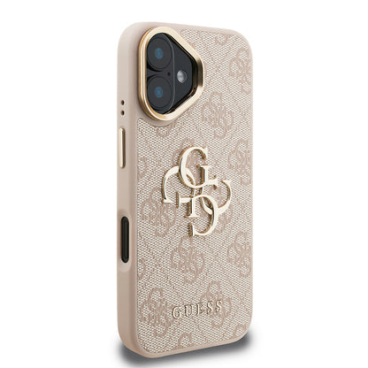 iPhone 16 Plus Kılıf Guess Orijinal Lisanslı PU Deri 4G Desenli Metal Büyük 4G ve Yazı Logolu Kamera Standlı Kılıf