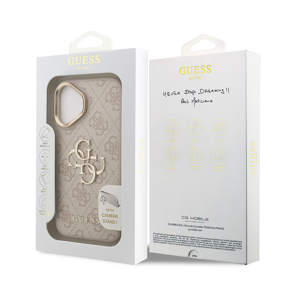 iPhone 16 Plus Kılıf Guess Orijinal Lisanslı PU Deri 4G Desenli Metal Büyük 4G ve Yazı Logolu Kamera Standlı Kılıf
