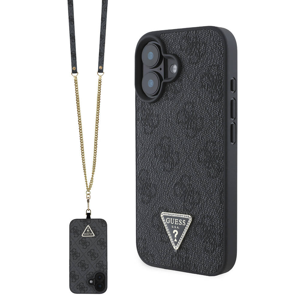 iPhone 16 Plus Kılıf Guess Orijinal Lisanslı PU Deri Taşlı Metal Üçgen Logolu Çapraz Vücut Askılı 4G Desenli Kılıf
