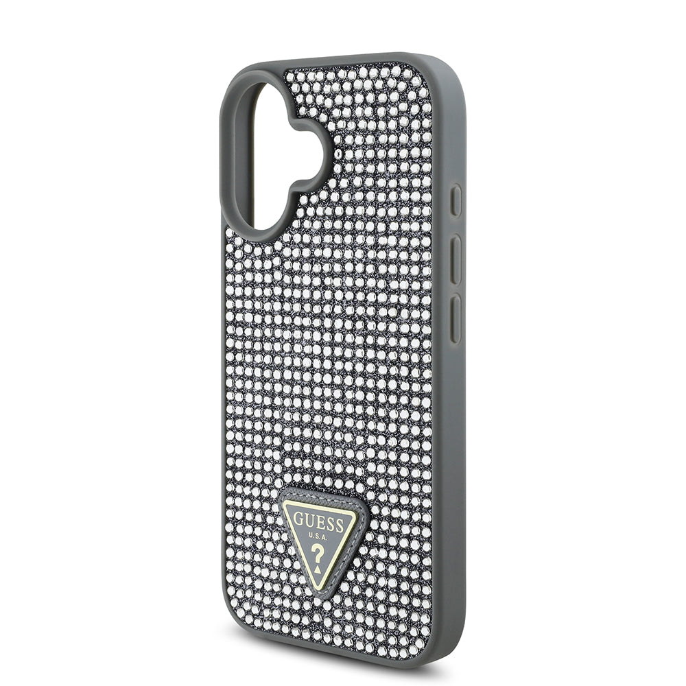 iPhone 16 Plus Kılıf Guess Orijinal Lisanslı Taşlı Arka Yüzey Üçgen Logolu Kılıf