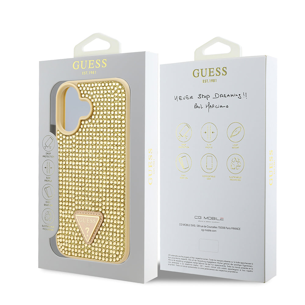 iPhone 16 Plus Kılıf Guess Orijinal Lisanslı Taşlı Arka Yüzey Üçgen Logolu Kılıf