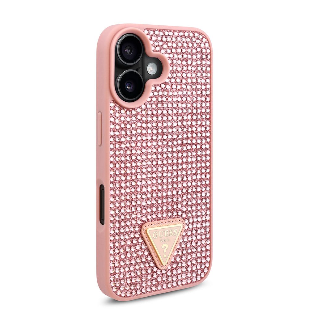 iPhone 16 Plus Kılıf Guess Orijinal Lisanslı Taşlı Arka Yüzey Üçgen Logolu Kılıf