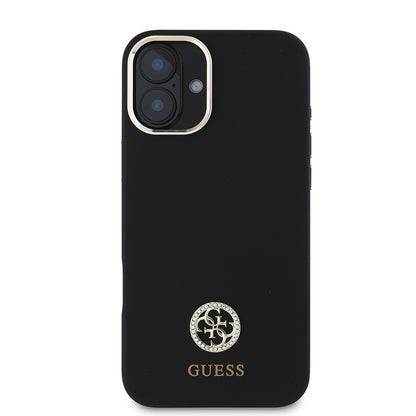 iPhone 16 Plus Kılıf Guess Orijinal Lisanslı Yazı ve Taşlı 4G Logolu Metal Kamera Çerçeveli Silikon Kılıf